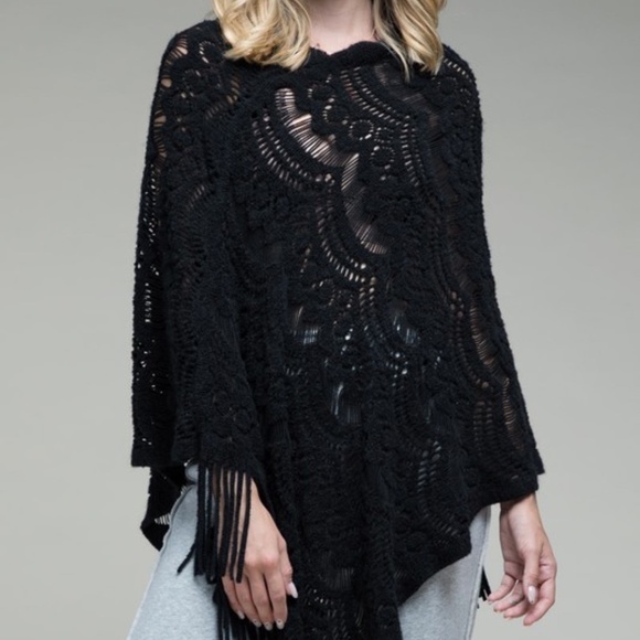 Women's Ruggine Prairie Open Knit Poncho One Size Black - Picture 4 of 5